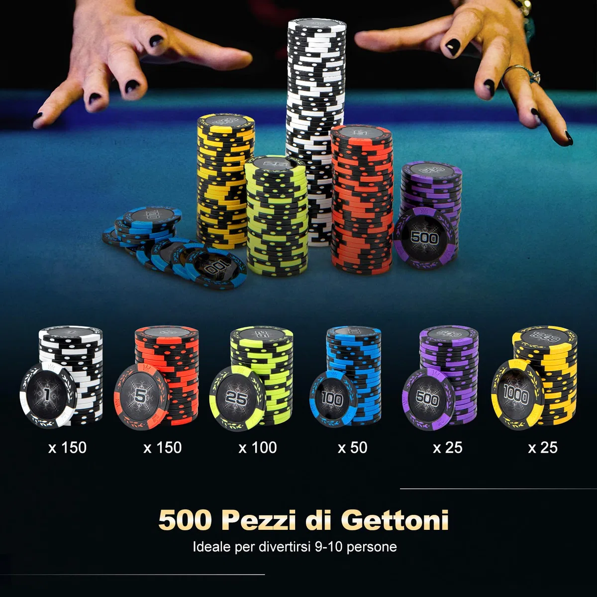 COSTWAY Poker Chips, Set di Fiches da Poker con 500/300 Chips e Custodia in Alluminio, Mazzo di Carte 5 Dadi, Set di Fiches per Party Viaggi e Feste (500 chips)