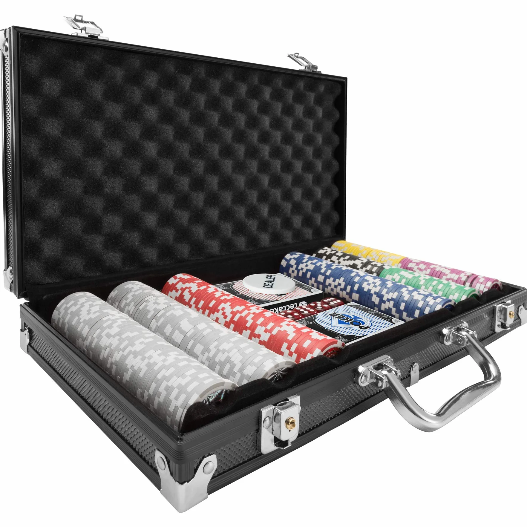 tectake® Set da Poker per Giochi con Chips Poker Professionali in Valigetta in Alluminio, 2 Mazzi di Carte da Gioco, Dadi, Fiches Grigie, Rosse, Blu, Verdi, Nere, Viola - 300 Pezzi - Nero
