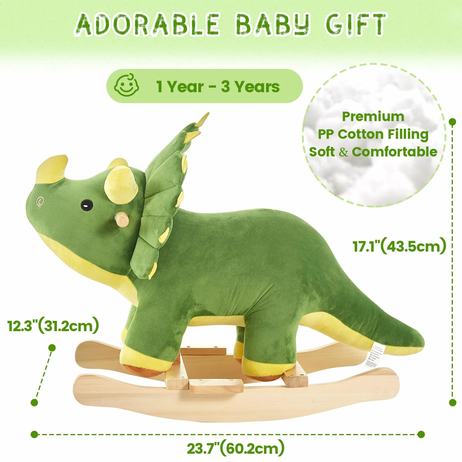 FUNLIO Dinosaur Baby Rocking Horse per Bambini 1-3 Anni, Triceratopo a Dondolo Peluche Verde Potente e Carino, Cavalcabile Dinosauri a Dondolo, Facile da Montare