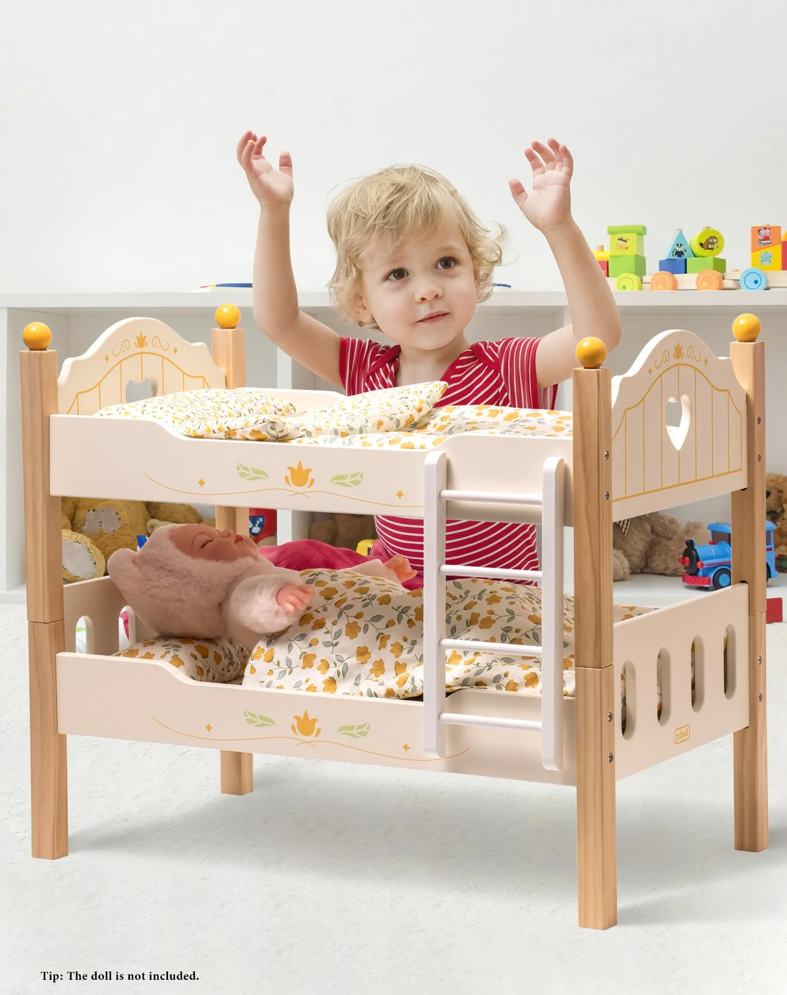 ROBOTIME Letto a castello per bambole in legno da 18", lettino per bambole trasformabile con scaletta e biancheria da letto, culla per bambole impilabile, regalo perfetto per bambini, color legno
