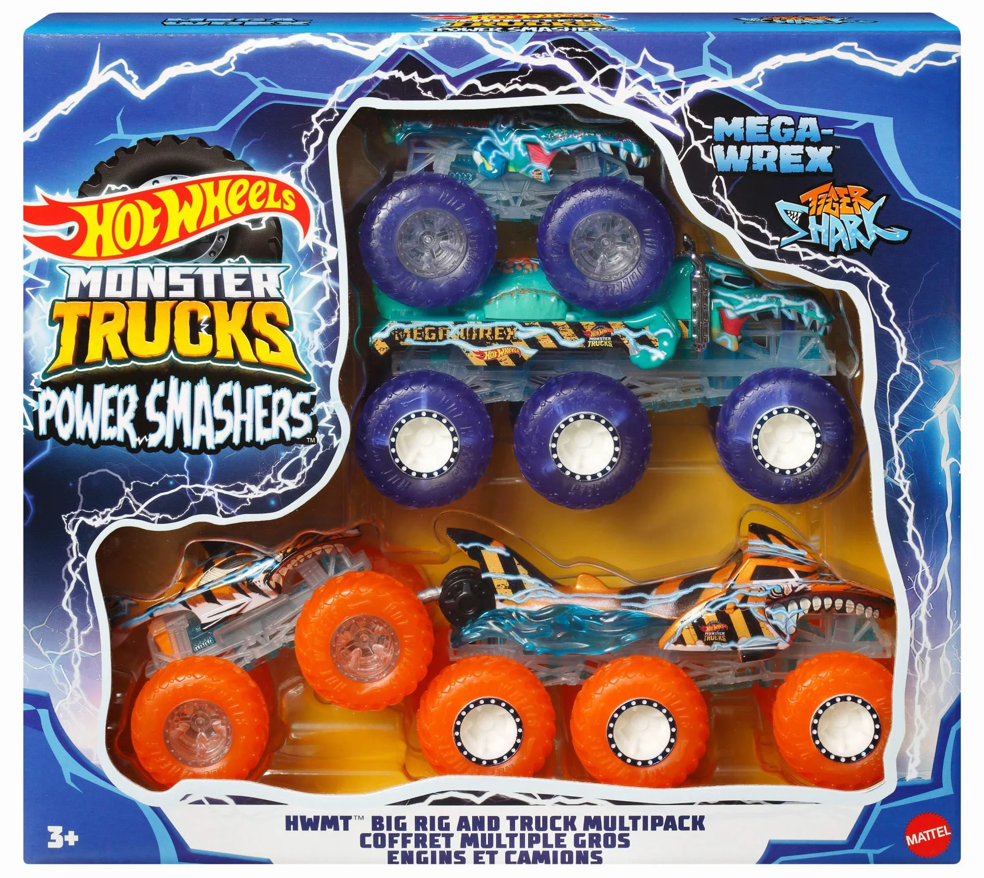 Hot Wheels Monster Trucks Multipack Tiger Shark Mega-Wrex 1:64 Power Smashers HYJ29