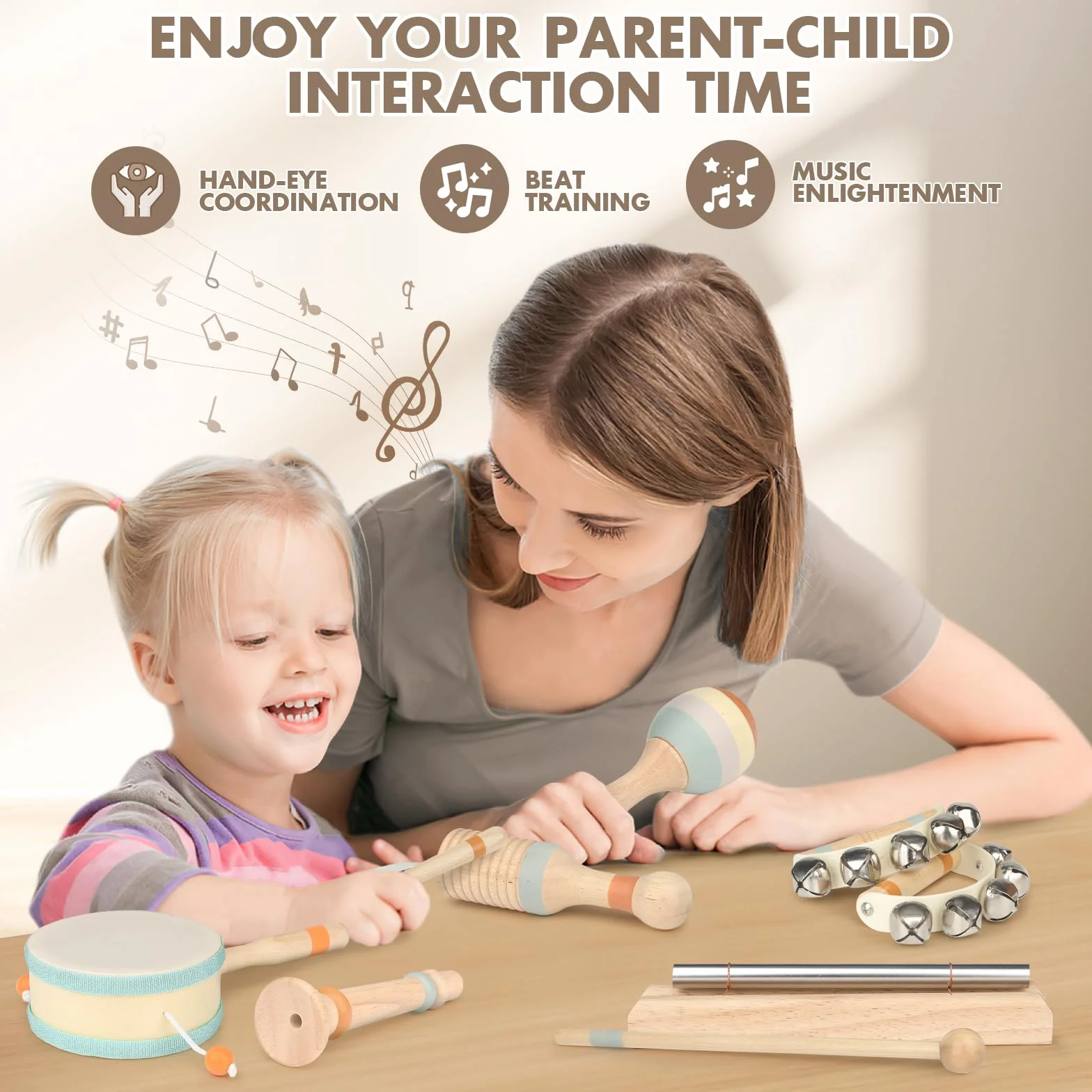 Strumenti Musicali Montessori in Legno Batteria per Bambini 3-6 Anni Giochi