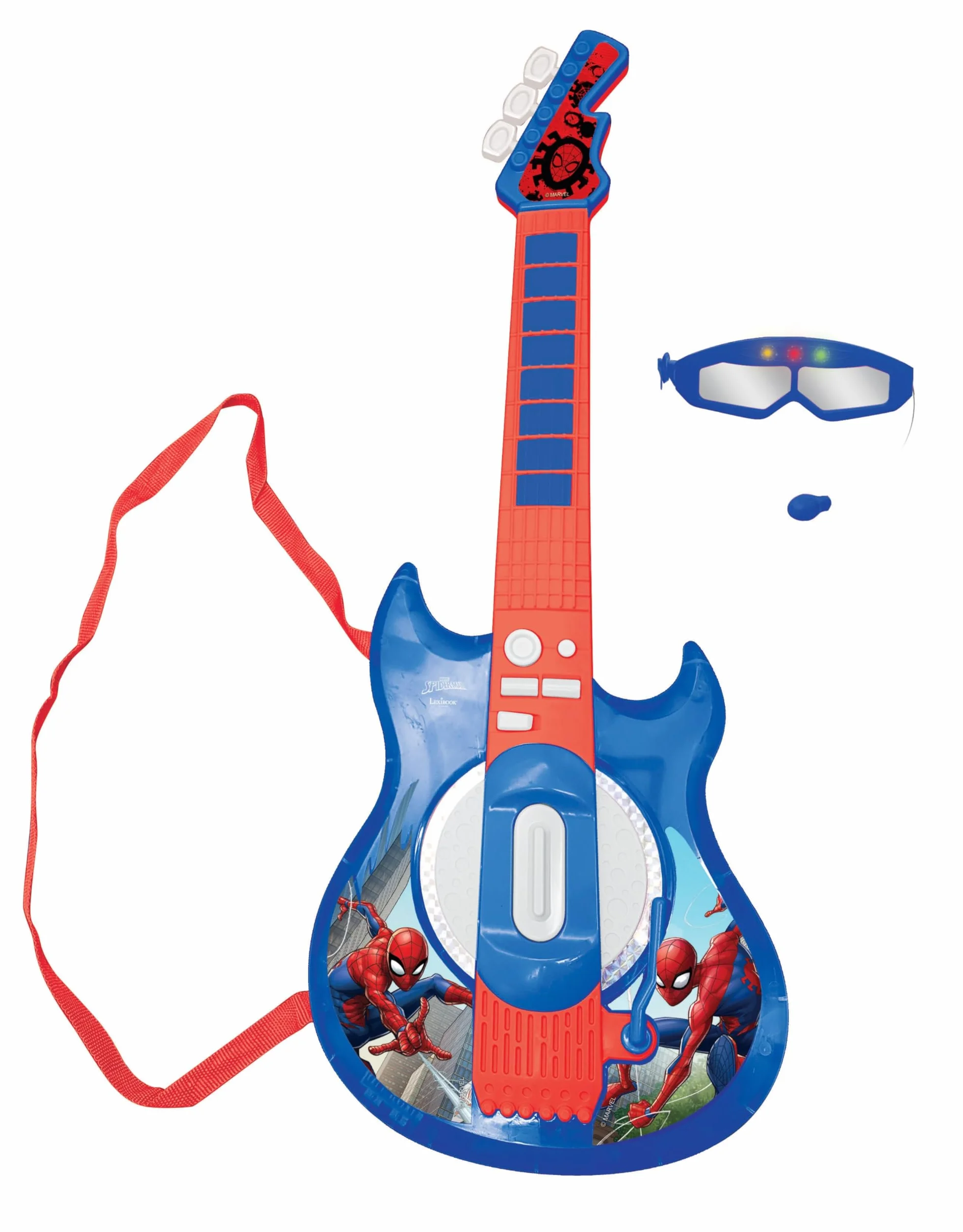 Lexibook Spider-Man Chitarra elettronica illuminata con microfono, occhiali con microfono, canzoni demo, MP3 plug, blu/rosso, K260SPLXB