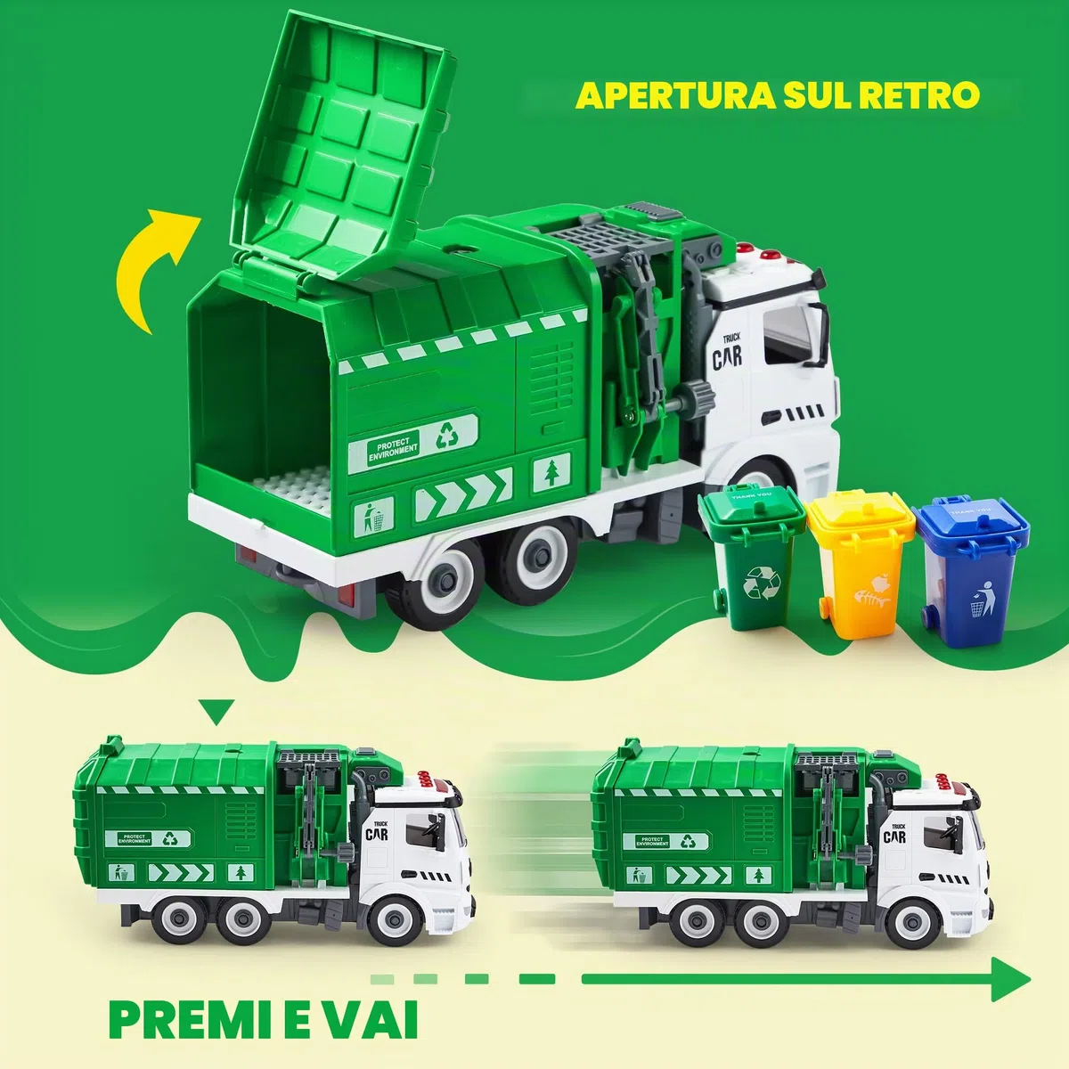 JOYIN Giocattolo camion della spazzatura con luci e suoni per bambini 3-8 anni, camion riciclaggio scarico laterale regalo