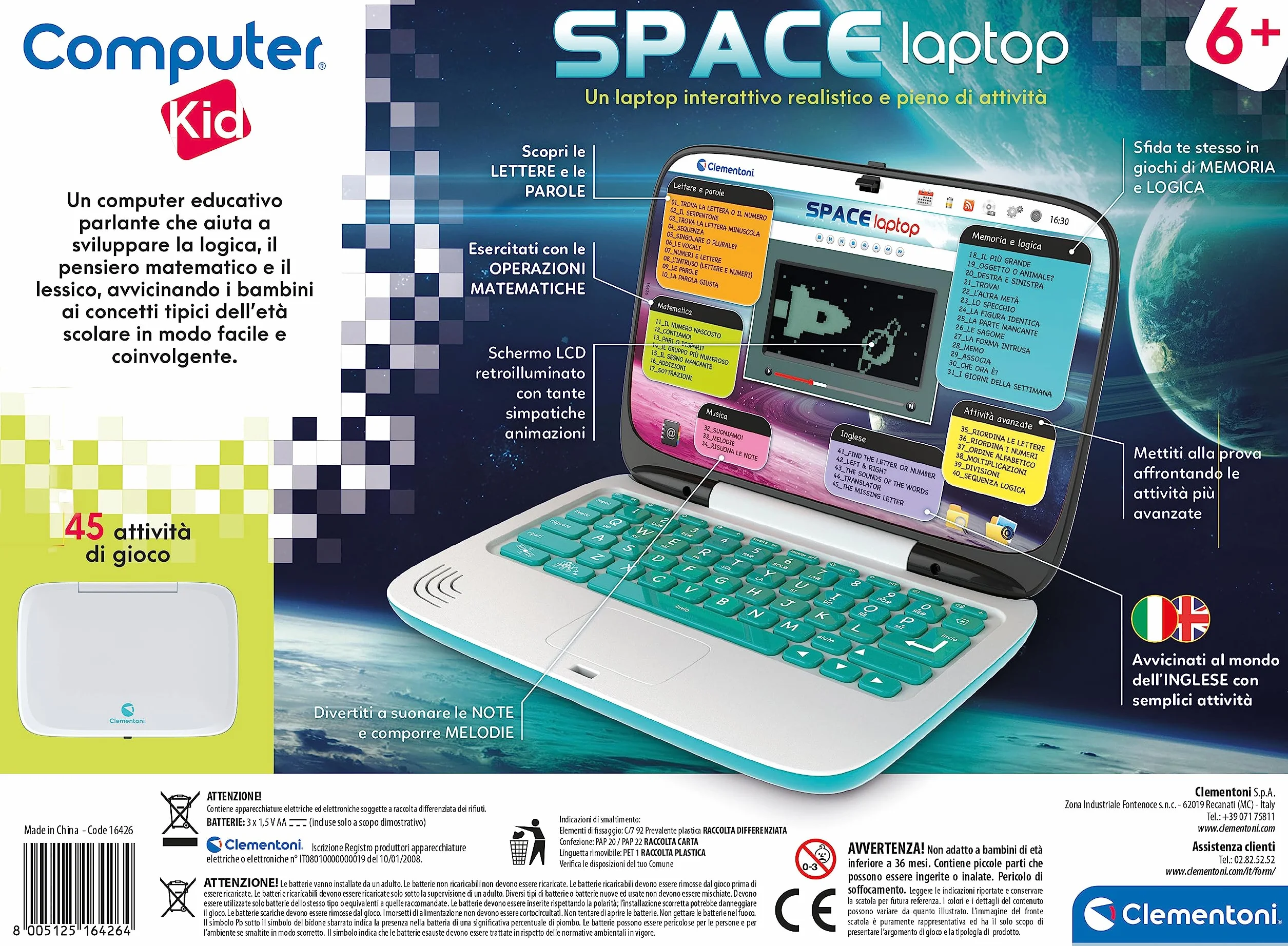 Clementoni - Computer Kid Space, Laptop Educativo Parlante Bambini 6+ Anni, 45 attività Educative Interattive, Gioco Elettronico per Imparare Lettere, Numeri e Parole, Batterie Incluse, 16426