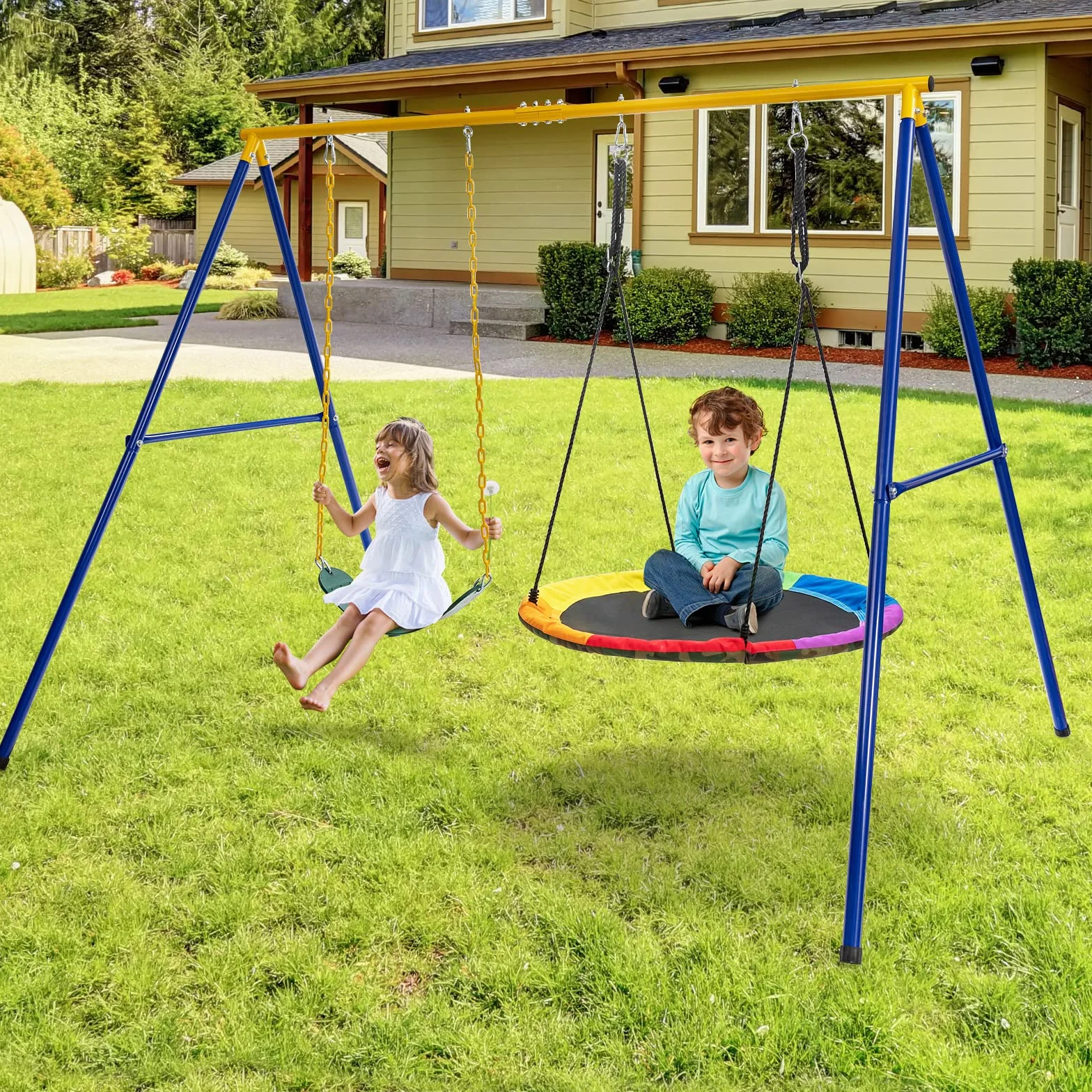 COSTWAY Set Altalena da Giardino per Bambini, Struttura di Metallo ad A con 1 Sedile in EVA Morbido e 1 Altalena Nido, Capacità 300 kg, Ideale per Giardino Parco Giochi (Giallo+Blu, Altalena+Supporto)