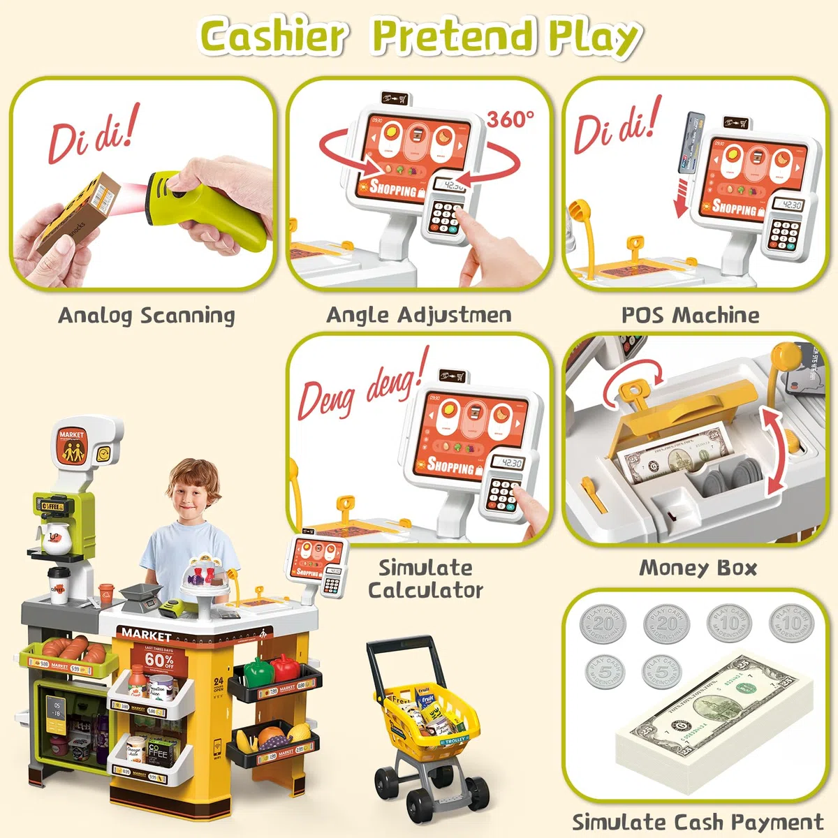 deAO Supermercato Con Carrello Della Spesa, Registratore Di Cassa, 65pcs Accessori Per Negozi, Registratore Di Cassa Con Scanner E Suono, Negozio Giocattolo Per Bambini Da 3 Anni, Compleanno