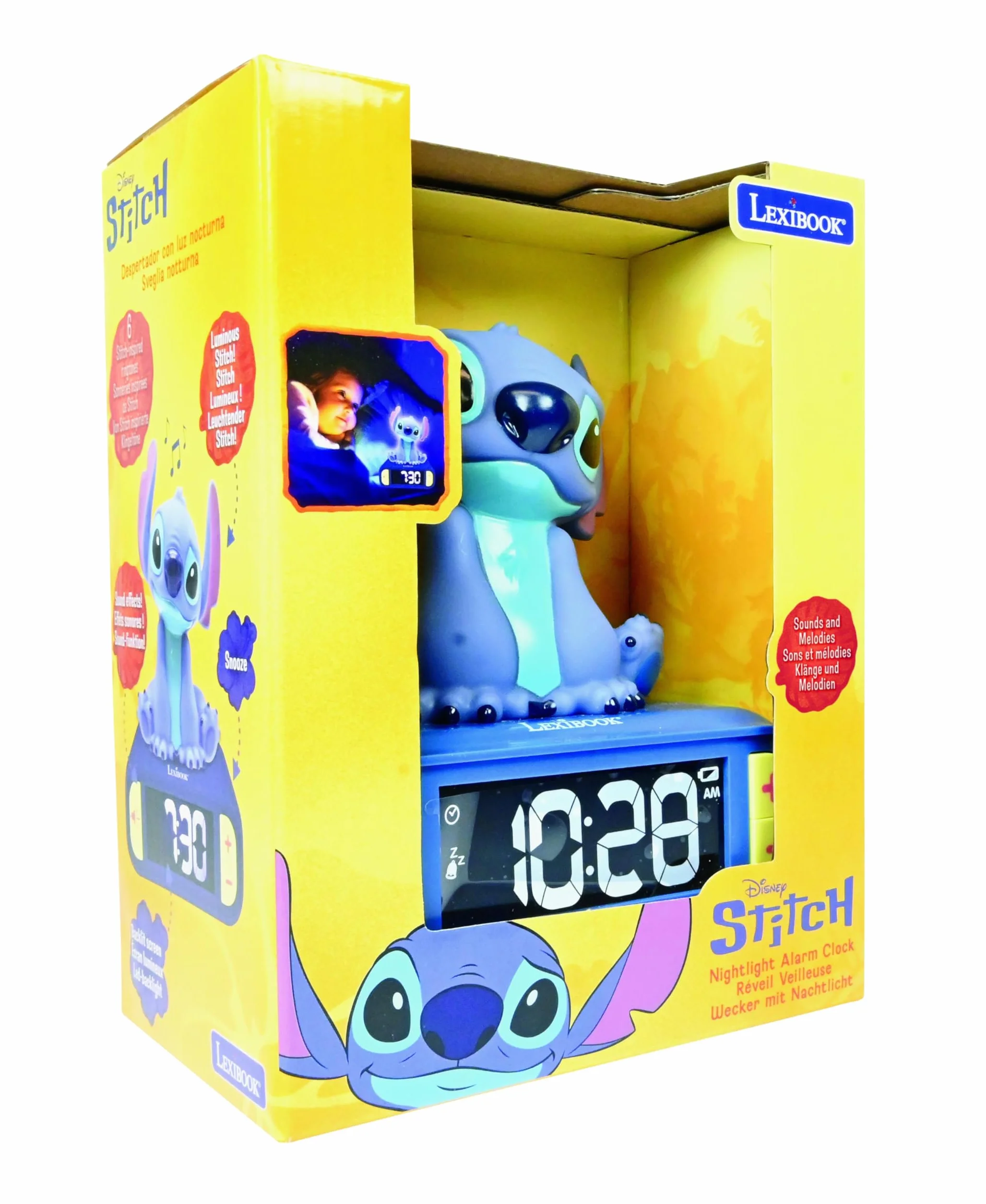 Lexibook, Disney Stitch, Sveglia notturna Stitch, Suoni e melodie, Schermo LCD retroilluminato, Luminoso, Snooze, Blu, RL800DLXB