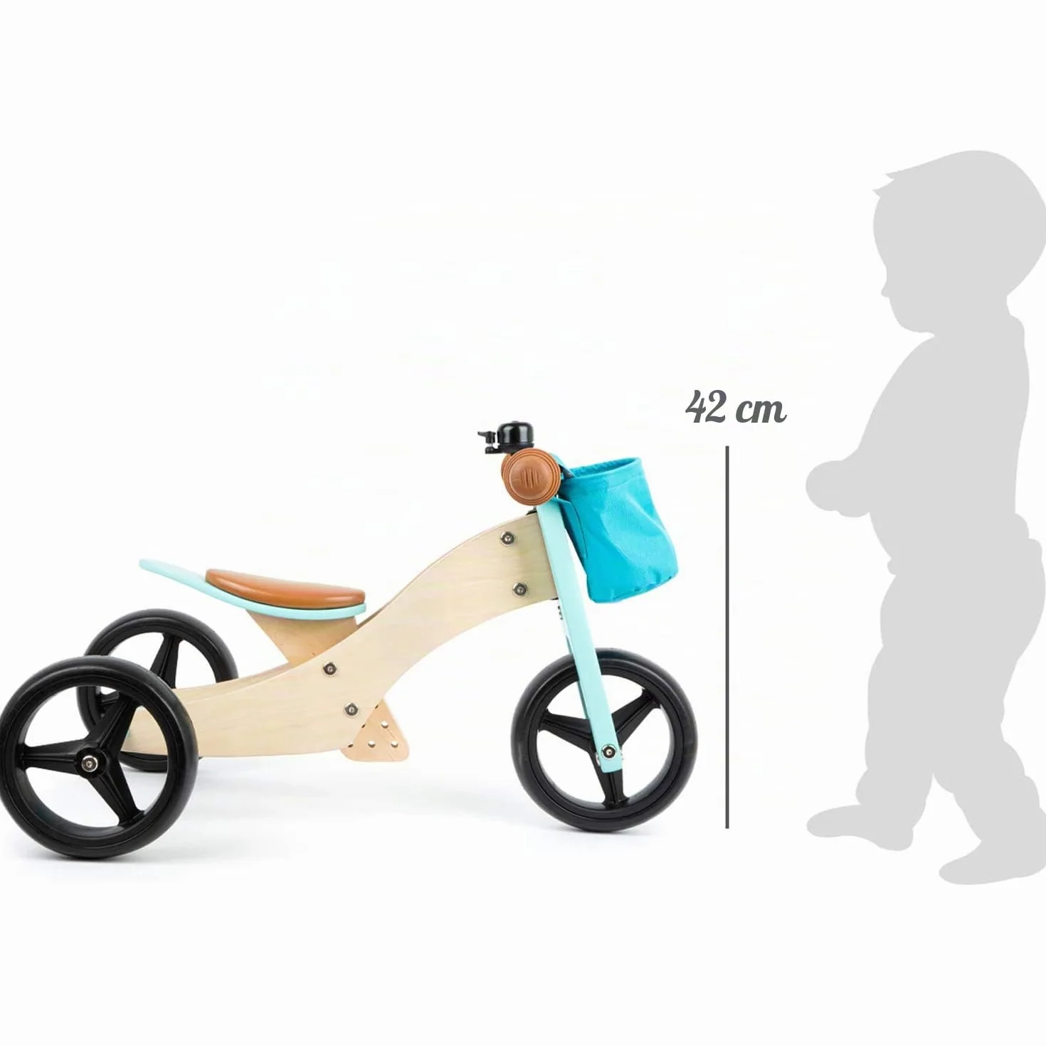 small foot Biciclettina Triciclo turchese in legno, 4 in 1 con sella regolabile e ruote gommate, da 1 anno, 11610
