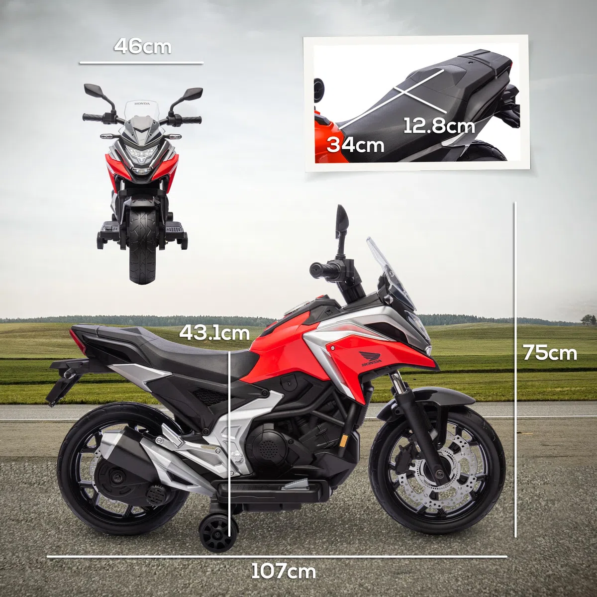 AIYAPLAY Moto Elettrica per Bambini 3-6 Anni Licenza Honda con Fari, Musica e Rotelle, 107x46x75 cm Rosso