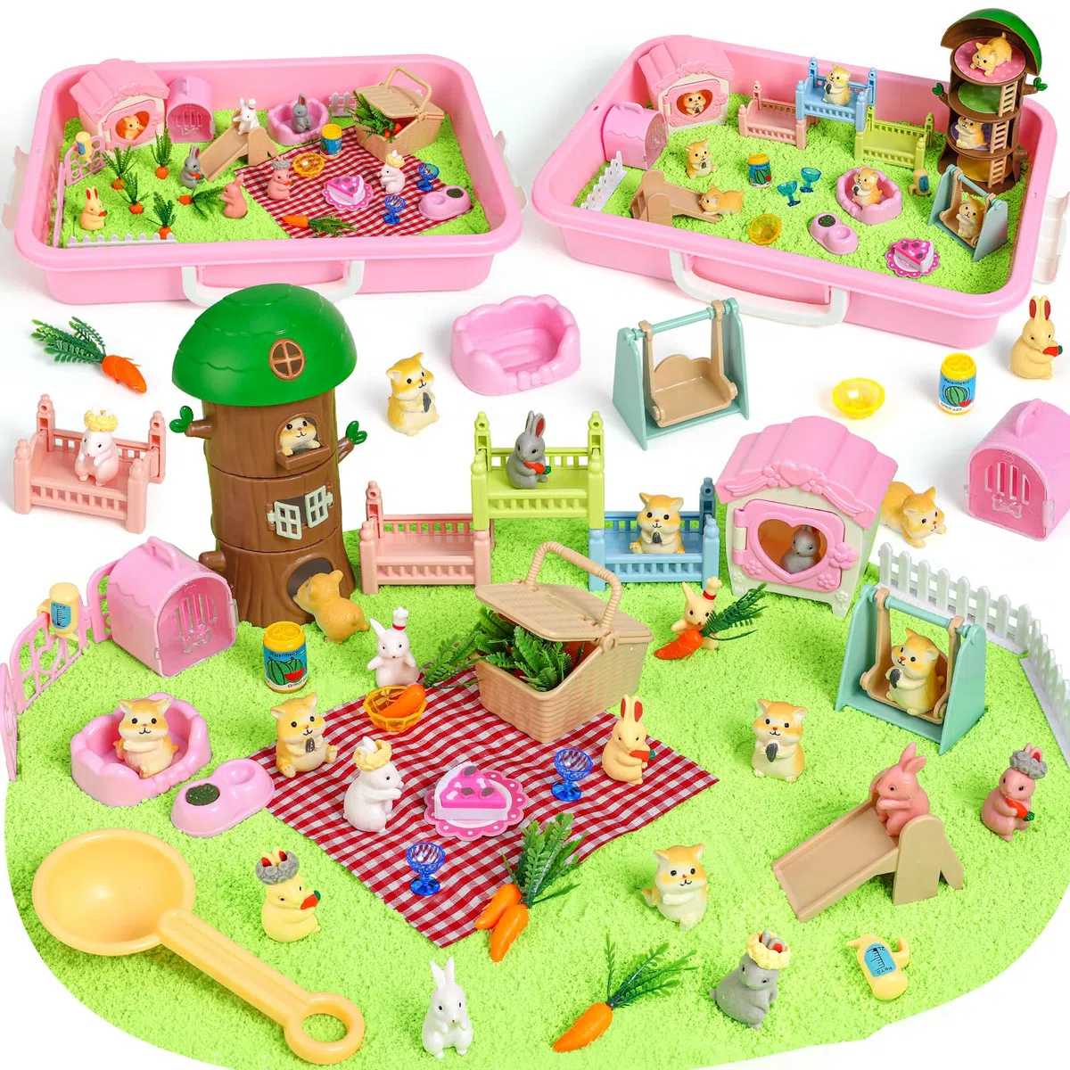 KNASON Sabbia Giocattolo Bambini per Coniglio e Criceto,Sabbia Magica Giocattolo con Morbida Sand Sensoriale e 8 Figurine di Animali,Regalo di Compleanno per Bambini Oltre i 3 Anni