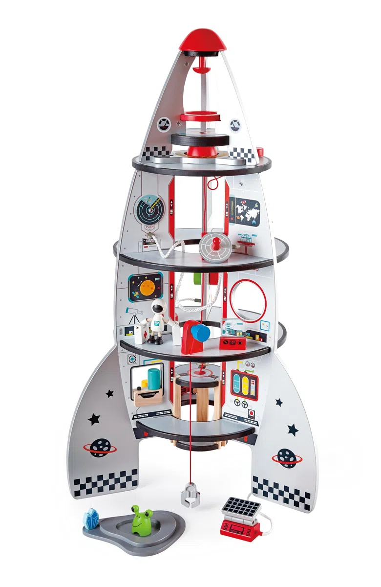Hape Razzo spaziale legno a 4 piani con accessori interattivi, astronauti e alieni per gioco di ruolo dai 3 anni