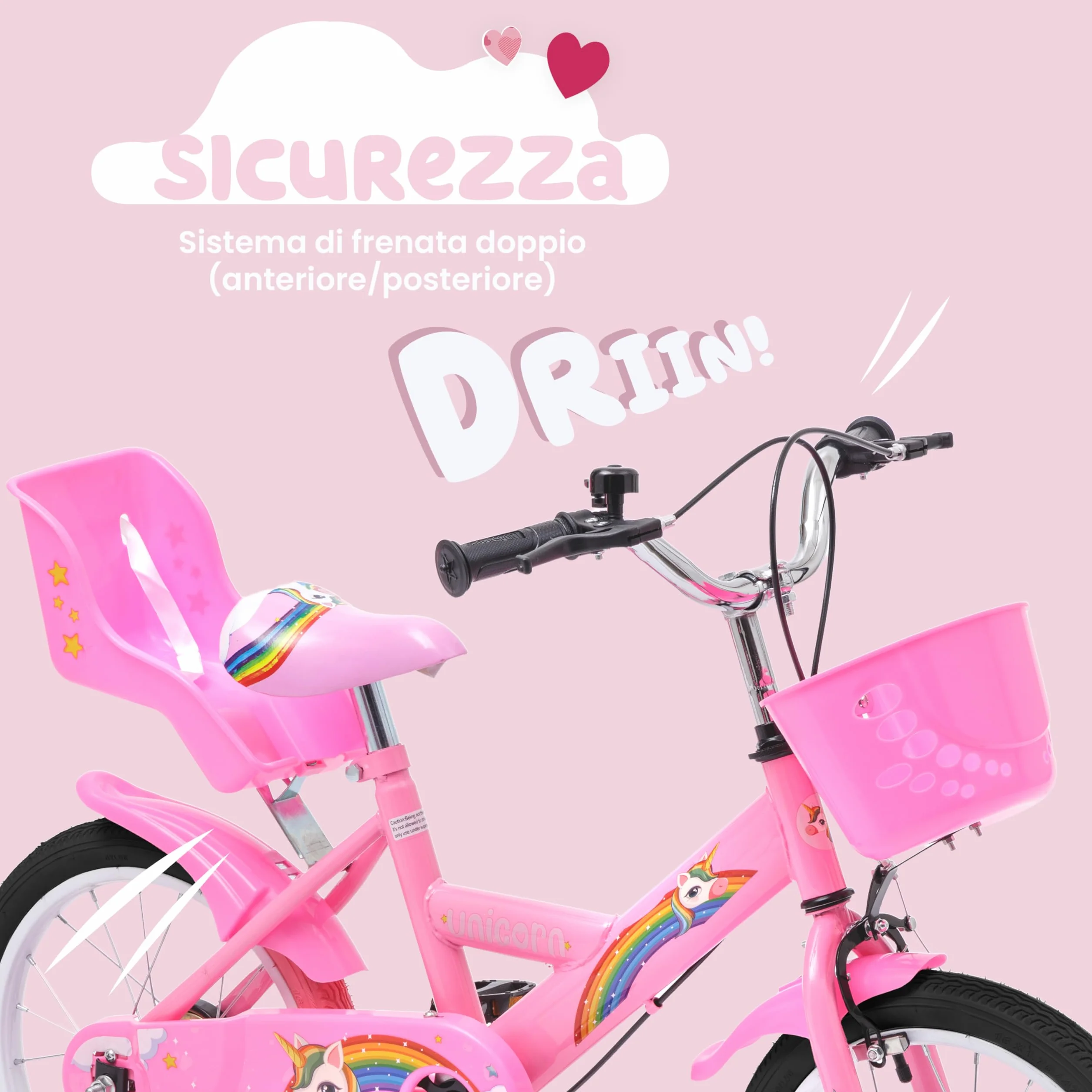 Baroni Toys Bicicletta per Bambine 12 & 14 & 16 Pollici con Unicorno con Porta Bambola e Rotelle Inclusi, Bici in Acciaio con Cestino per Bambina dai 2 ai 7 anni