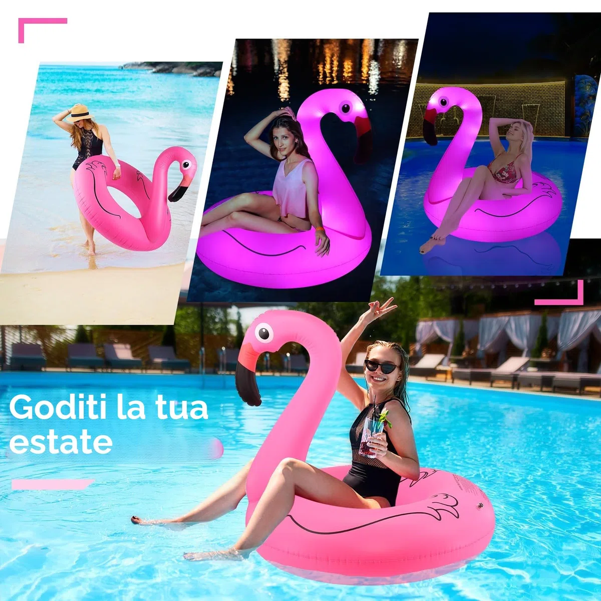 DeeprBling Fenicottero Gonfiabile Piscina con Luce Solare, Galleggiante Fenicottero Gonfiabile per Piscina, Salvagente Gonfiabile per Adulti, Fenicottero Gonfiabile Grande per Mare (106x106x100 cm)