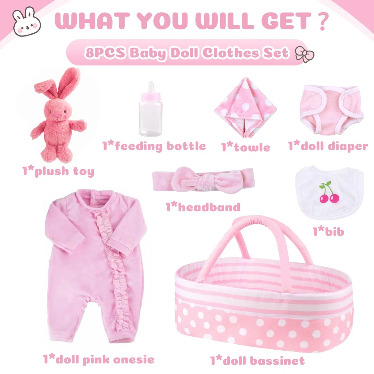 BABESIDE Vestiti per Rinato Bambino Bambole da 8 Pezzi con Culla Adatto a Bambole da 17-22 Pollici, Vestiti per Bambole, Accessori di Abbigliamento (rosa)
