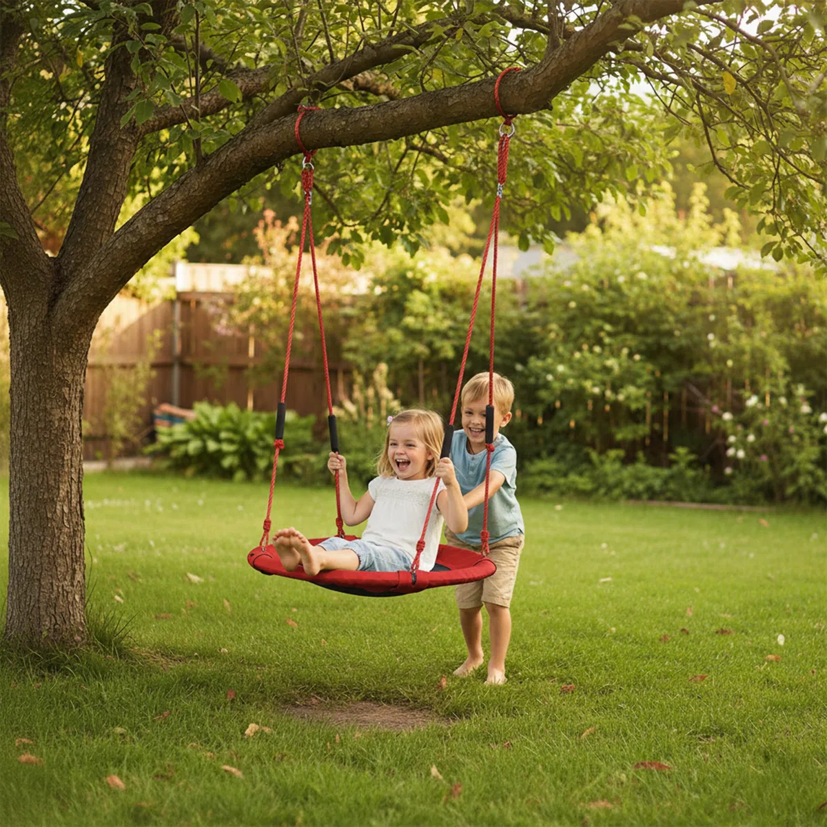 Relaxdays Altalena a Nido Ø 80 cm per Bambini, Regolabile, con impugnature in Schiuma, Esterno, Fino a 100 kg, Rossa