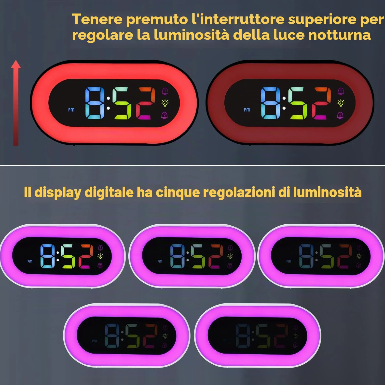 Seutgjie Sveglia Bambina, Sveglia Digitale da Comodino con Batteria USB Ricaricabile 2500mAh 9 RGB Luce Notturna Doppi Allarmi 18 Suonerie Modalità Snooze 12/24 ore Regalo Natale