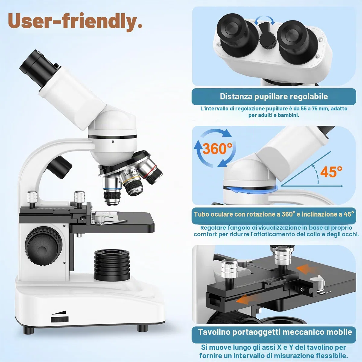 Microscopio binoculare, 40X-1000X, righello spostato, 4 lenti, messa a fuoco grossolana e fine, con oculari WF 10X/25X, accessori, valigetta per il trasporto
