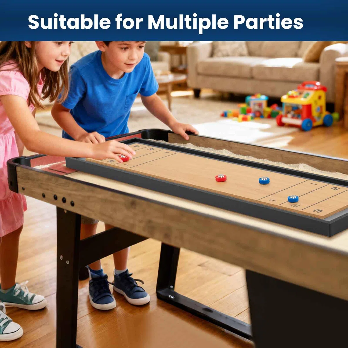HOMASIS Gioco 2 in 1 Shuffleboard e Curling, Tavolo Multifunzionale Doppia Faccia in Legno, Portatile con 8 Dischi, 114x32 cm