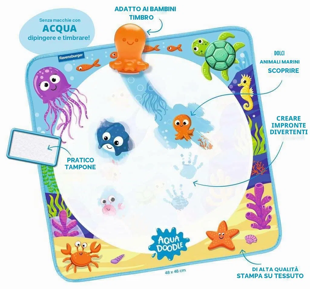 Ravensburger 4568 Aquadoodle Magic Ocean - stampaggio antimacchia e scoperta con acqua - set di timbri con tappetino in tessuto magico per bambini a partire da 1 anno - giocattolo a partire da 1 anno