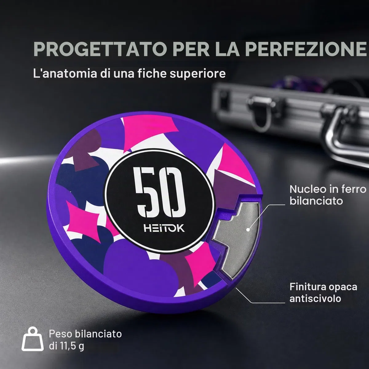 HEITOK Set Poker Professionale 300 Fiches Numerate 11,5g con Valigetta Alluminio Rinforzata, 2 Mazzi Carte e Bottone Dealer in Metallo per Texas Hold'em e Casinò