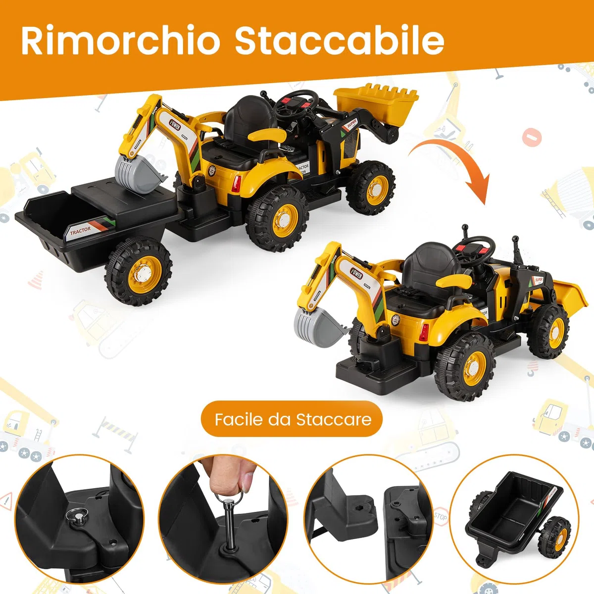 COSTWAY 4 in 1 Trattore Elettrico per Bambini 3-8 Anni con Telecomando, Rimorchio e Cucchiaia Staccabile, Doppi Motori Giallo