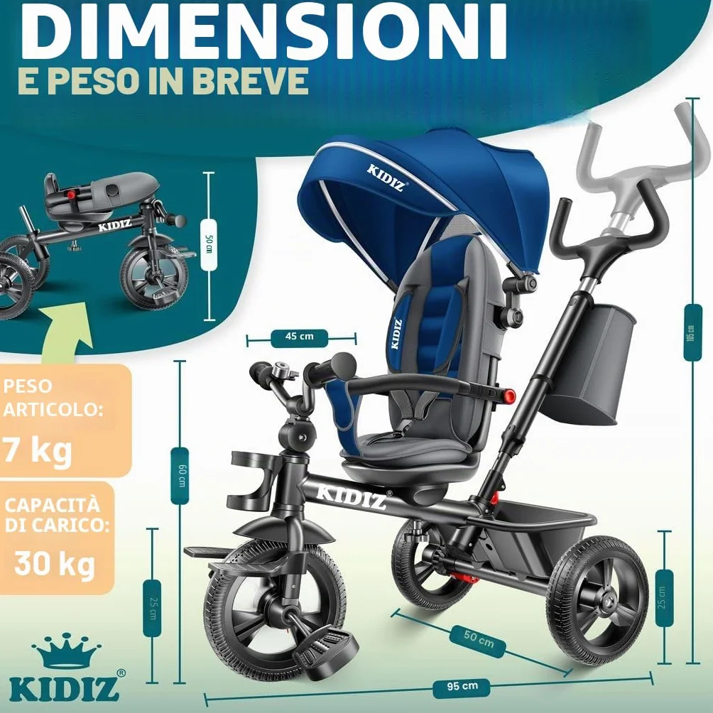 KIDIZ Triciclo 6 in 1 Dirigibile da 9 mesi Joggant anteriore e posteriore Peso massimo 25 kg Barra di spinta Cestino parasole Ruote in gomma