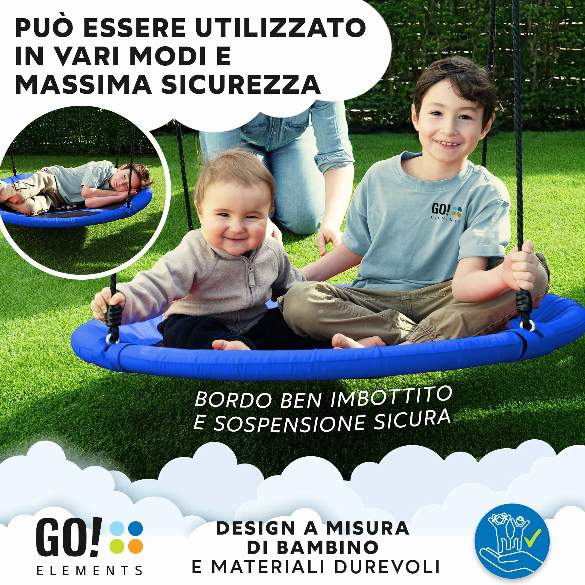 GO!elements altalena a nido | altalena rotonda per bambini | altalena per bambini & altalena adulti regolabile in altezza fino a 150 kg di capacità | Dimensioni: ø 80 cm, Colore: Blu