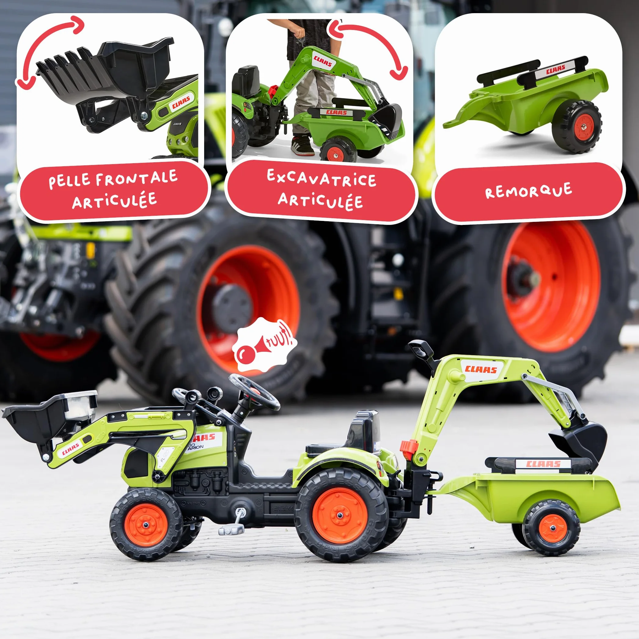 FALK Retroescavatore a pedali Claas con escavatore e rimorchio - Made in France - 2040N
