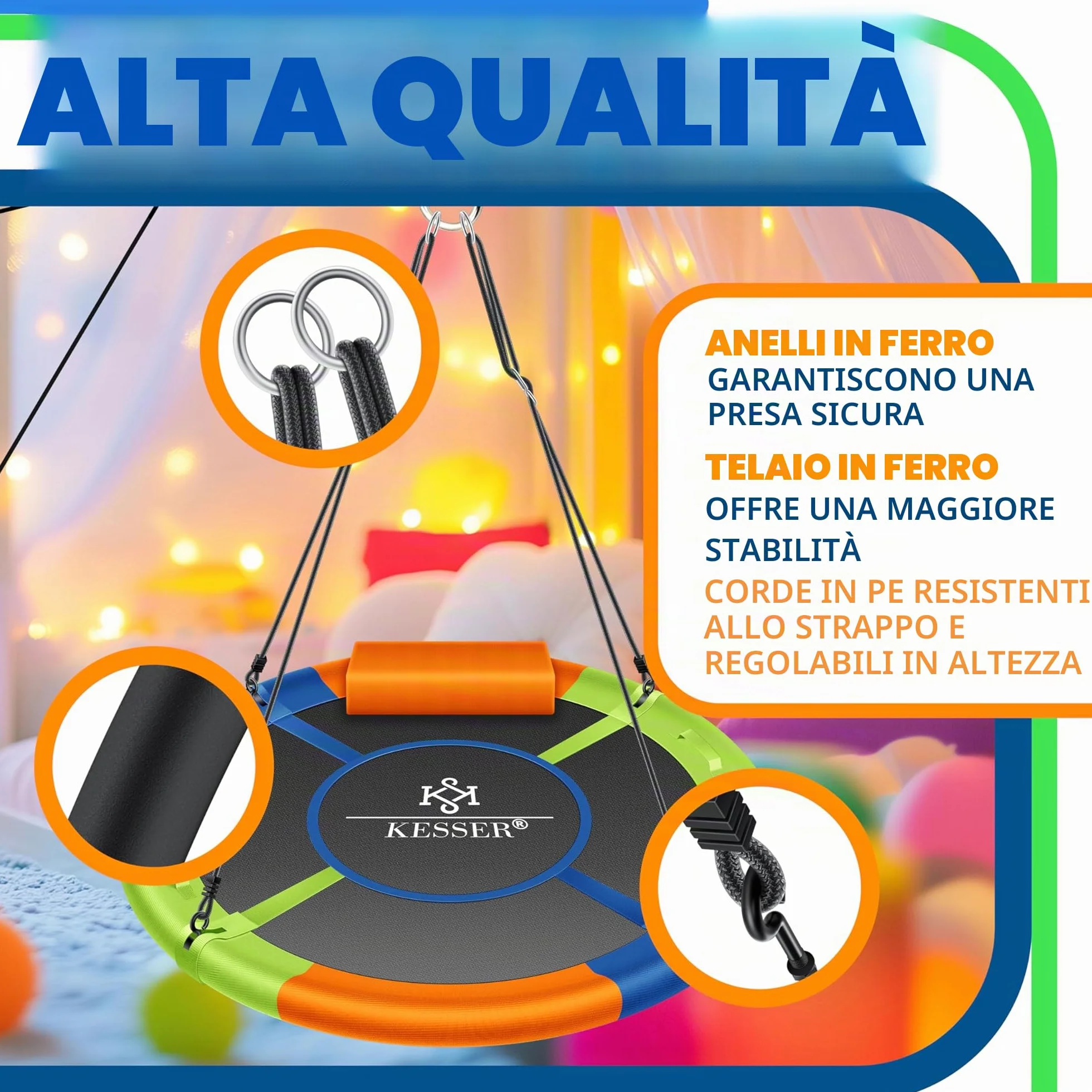 KESSER® Altalena a Rete Rotonda Regolabile per Bambini e Adulti, 120 cm, Multicolore