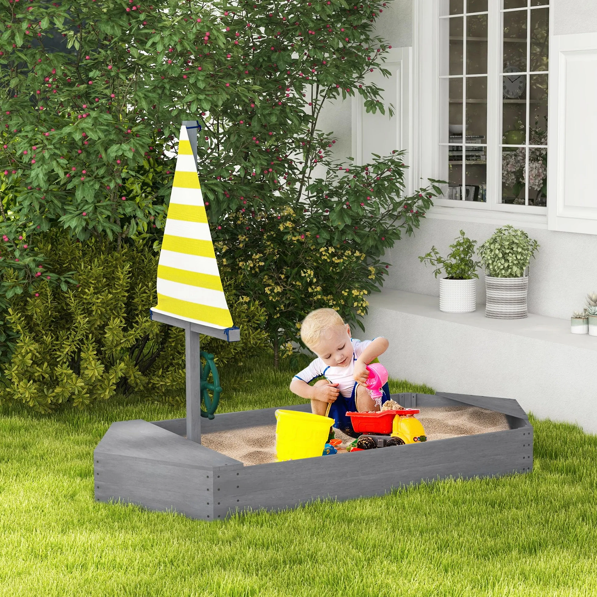 Outsunny Sabbiera per Bambini 3-8 Anni a forma di Barca senza Fondo, Sabbionaia in Legno di Abete e Poliestere, 190x90x138 cm, Multicolore