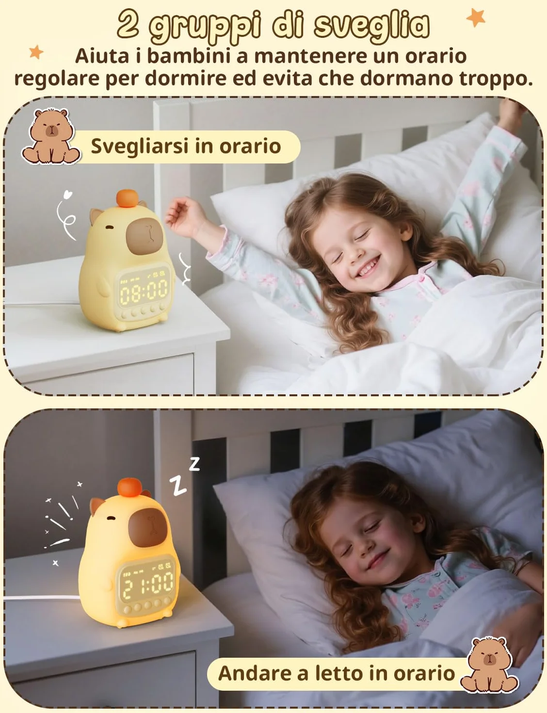 YISSVIC Sveglia per Bambini con 2 Sveglie, Regolazione Volume, Funzione Snooze, 5 Suonerie, Luci Notturne Sveglia Ricaricabile 1800 mAh