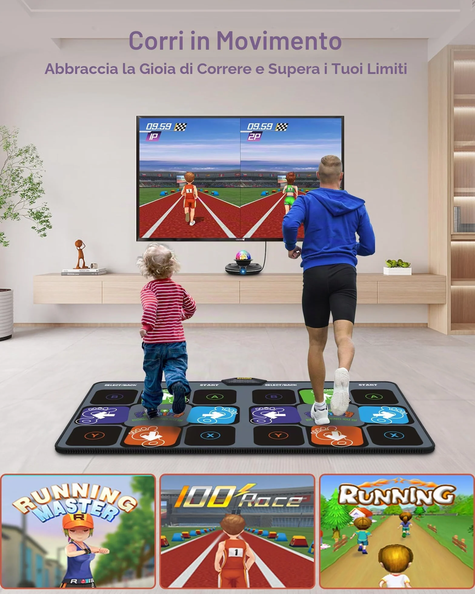 Tappetino da Ballo per Bambini per TV con Telecamera, Tappetino da Gioco Antiscivolo per Interni con 2 Controller Wireless e Palla da Discoteca Colorata, Regalo per Ragazzi, Ragazze, Adulti