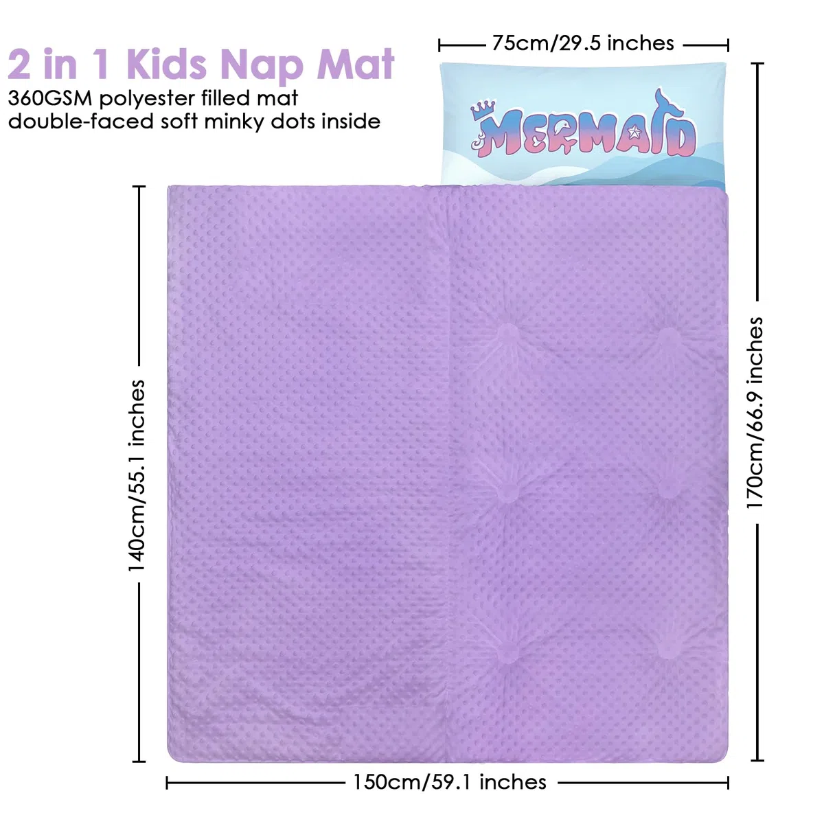 Grandi Dimensioni Sacco a Pelo Bambino con Rimovibile Cuscino 170×75cm, Pieghevole Nap Mat Caldo per Bambini Ragazze Ragazzi, Nap Mats con Doppia Cerniera per Campeggio, Scuola Materna e Asilo