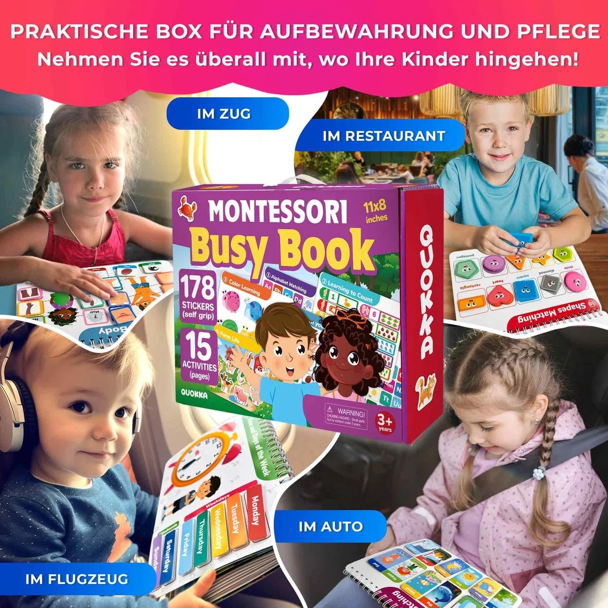 QUOKKA Montessori Busy Book per bambini dai 3 ai 5 anni, libro di attività con pagine interattive, libro di attività di 3 anni con chiusura a tocco per l'apprendimento, regalo prescolare per ragazzi e