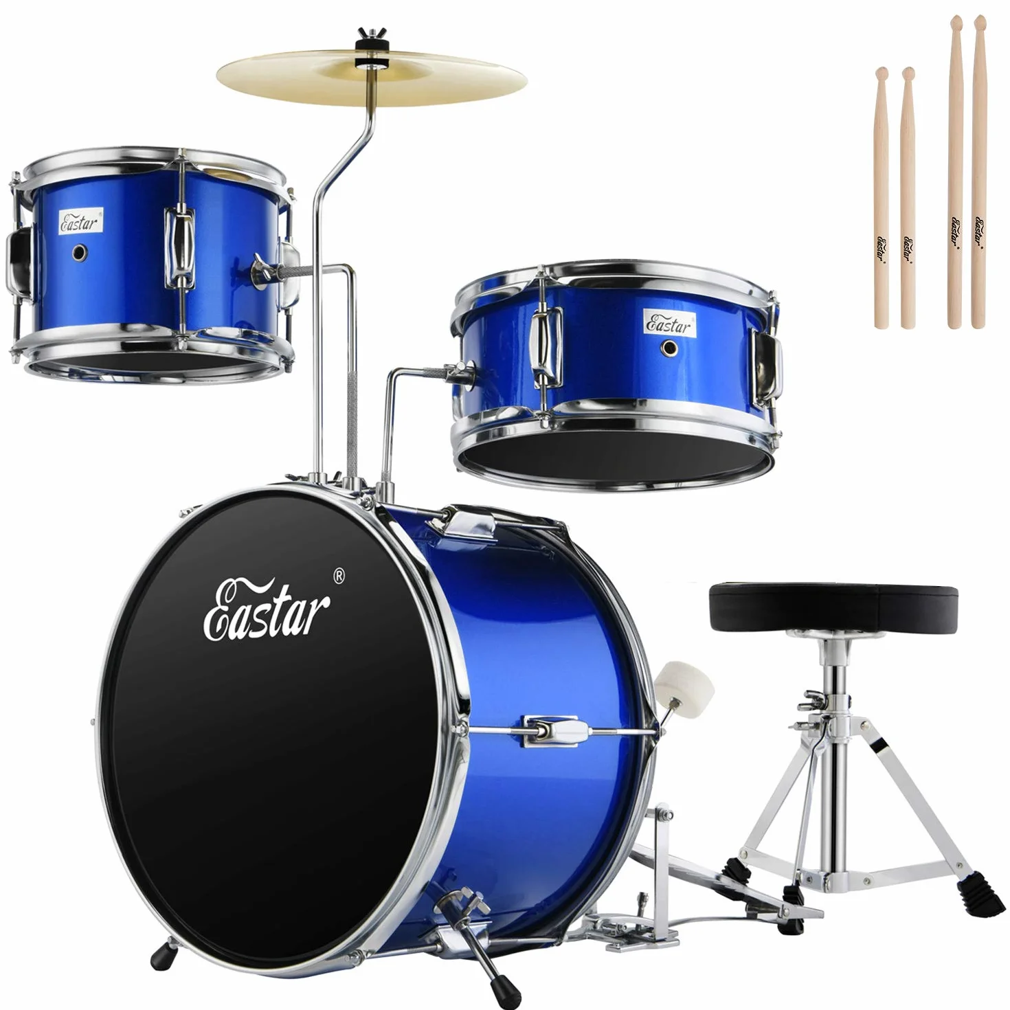 Eastar Batteria per Bambini per età 3-10 Anni, Junior Drum Set con Rullante, Tom, Grancassa, Pedale Grancassa (Specchio Blu)