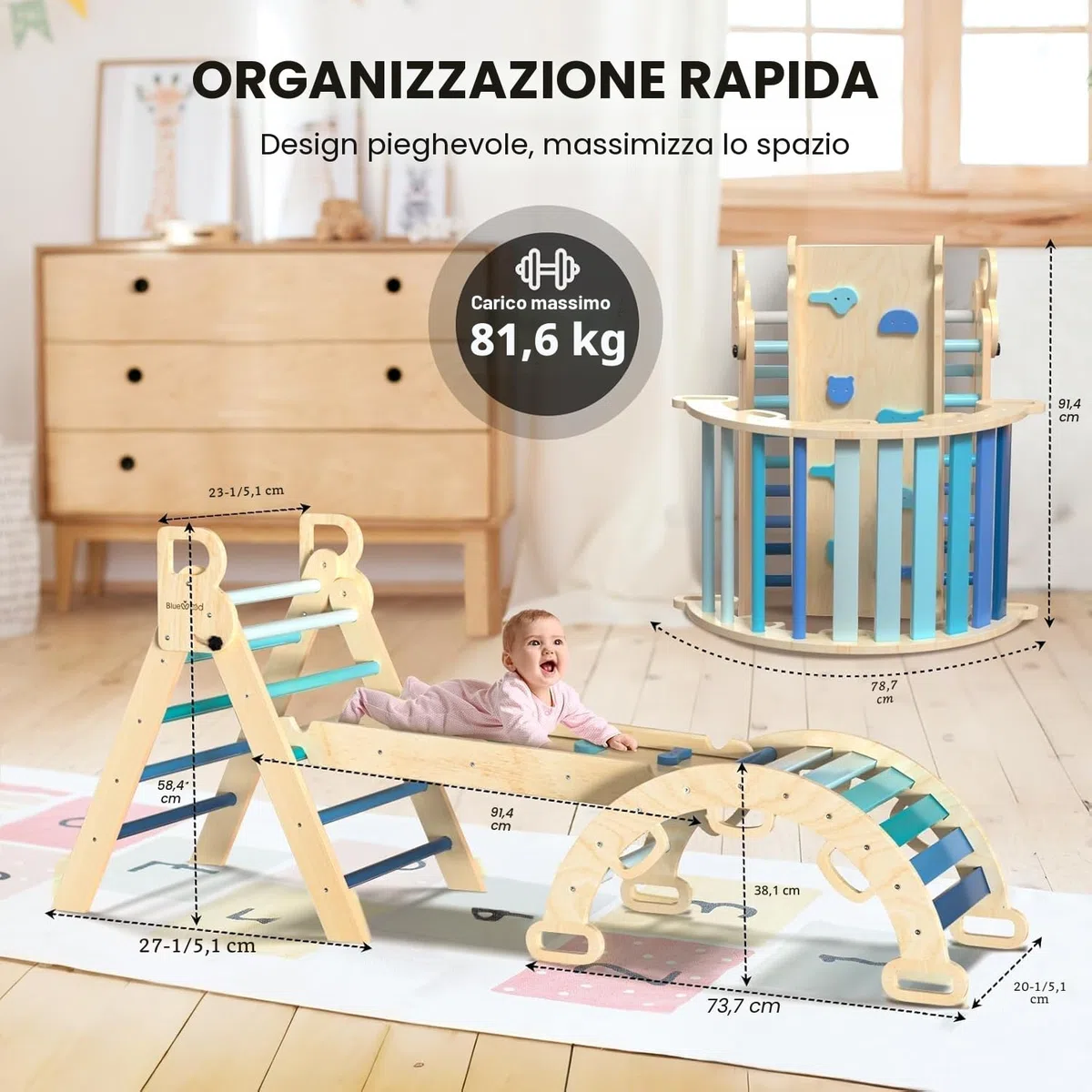BlueWood Set da Arrampicata per Bambini 3 in 1, Set di Triangoli per Arrampicata Pieghevoli di Arrampicata Pieghevole con Scivolo ad Arco, Palestre Montessoriano e Arrampicata Indoor per Bambini