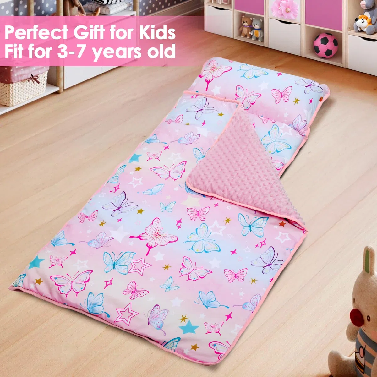 Decalsweet Nap Mat per Bambini con Cuscino e Coperta Rimovibili, Grande Extra Spesso 2 in 1 Sacco a Pelo Pieghevole per Ragazze Ragazzi, Leggero e Morbido Nap Mats per Asilo Nido e Campeggio