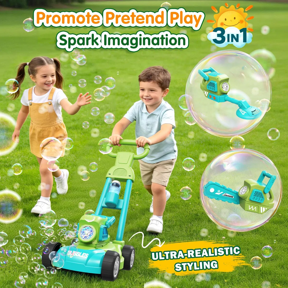 Tosaerba Spara Bolle per Bambini, Macchina per Bolle 3-in-1 con 10 Soluzioni, Giochi all'Aperto per Bambini 3-8 Anni, Regalo di Compleanno Pasqua Estate per Ragazzi e Ragazze 3 4 5 6 7 8 Anni