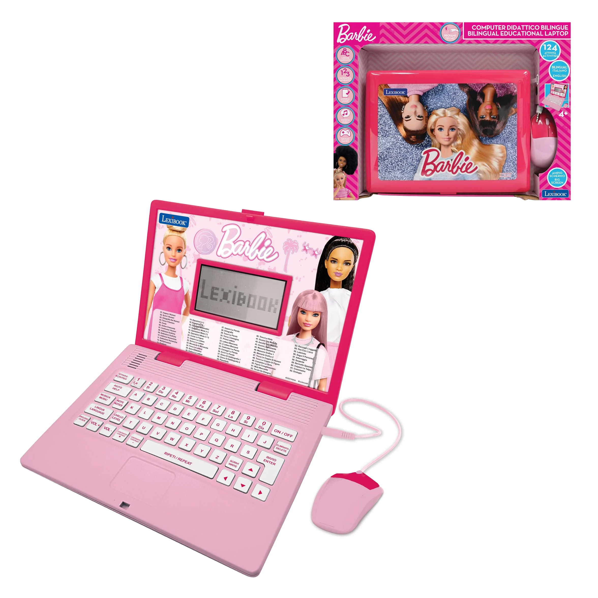 Lexibook Barbie, Laptop educativo e bilingue in inglese/italiano, giocattolo per bambini con 124 attività per imparare, giochi e musica, rosa, JC598BBi5LXB
