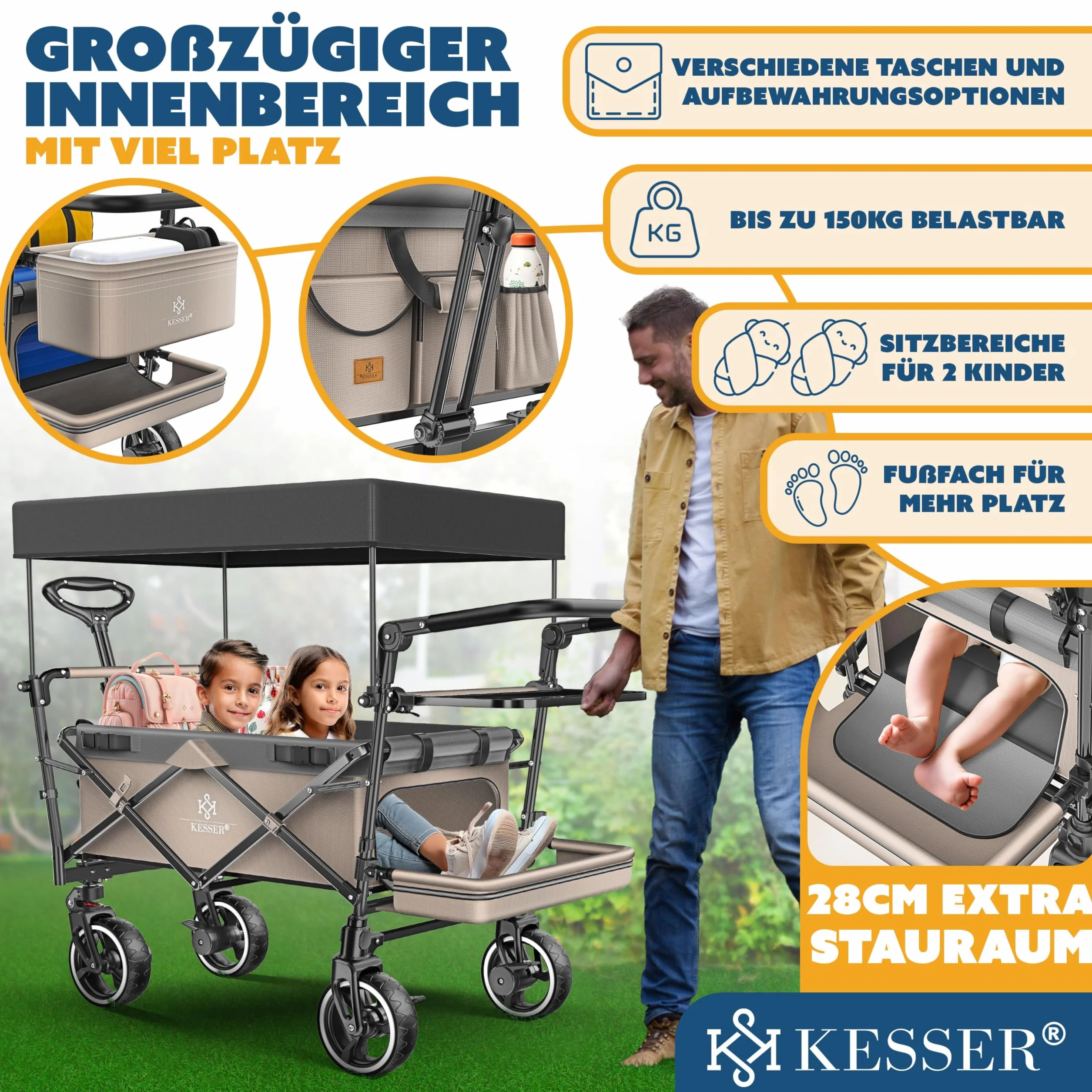 KESSER GTS-9100 - Carrello pieghevole con tetto, portata fino a 150 kg, con ruote in gomma dura e freni di stazionamento anteriore/posteriore, con serratura, copertura, intemperie e protezione da