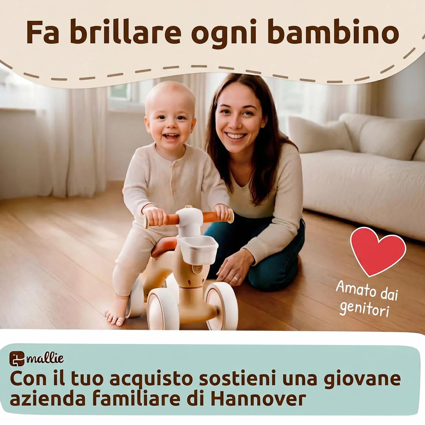 Mallie® Bicicletta Senza Pedali per 1 Anno con cestino - Balance Bike, Regalo Bambino 1 Anno, Bici Senza Pedali 2 Anni, Regalo Bimbo, Regalo Bambina