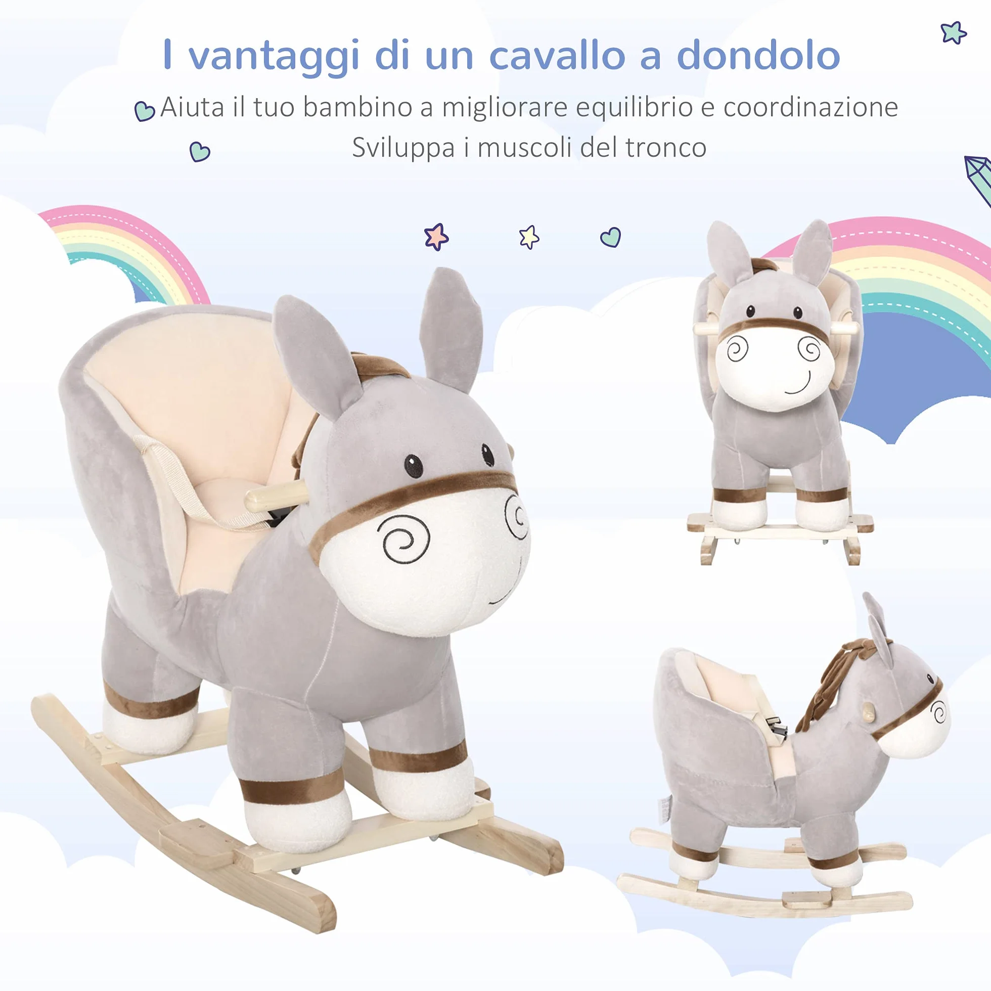 HOMCOM Cavallo a Dondolo per Bambini 18-36 Mesi, Cavalluccio a Dondolo a Forma di Asino con Suoni Realistici in Legno di Pioppo e Peluche, Grigio