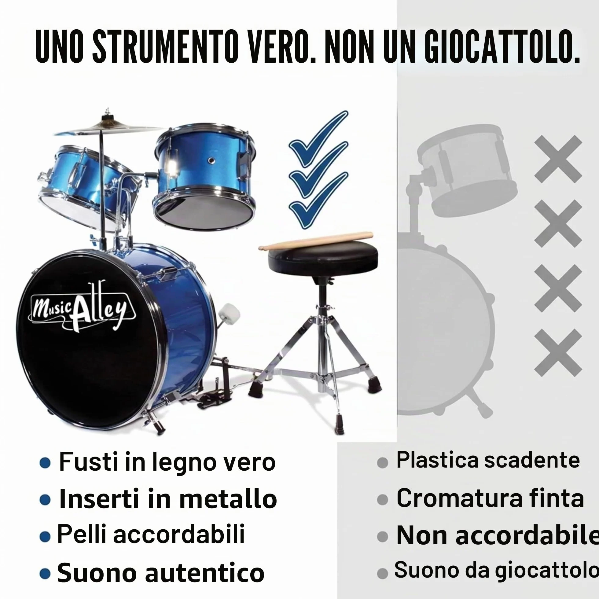 Batteria Music Alley Junior con sgabello e bacchette