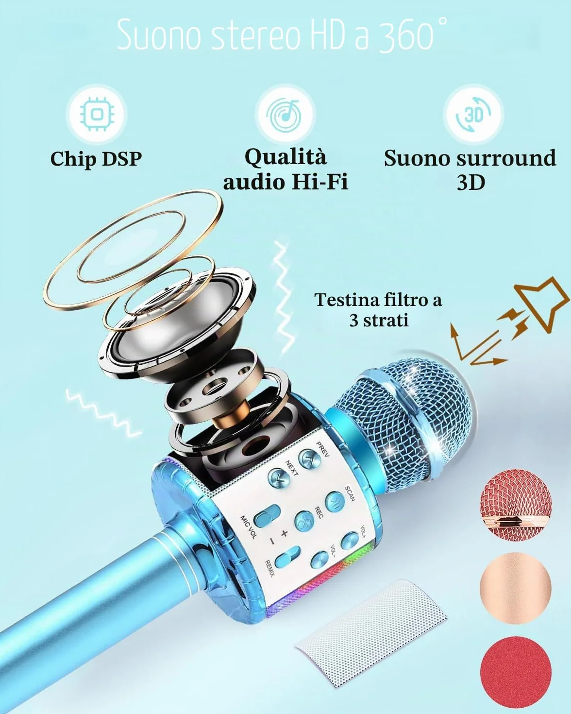 Set 2er Microfono Karaoke Bluetooth Wireless Con Luci a LED Portatili Portatili Cantanti per Altoparlanti Karaoke Giocattoli Gift per Bambini per Bambini (Con 10 Coperture Microfono Usa e Getta)