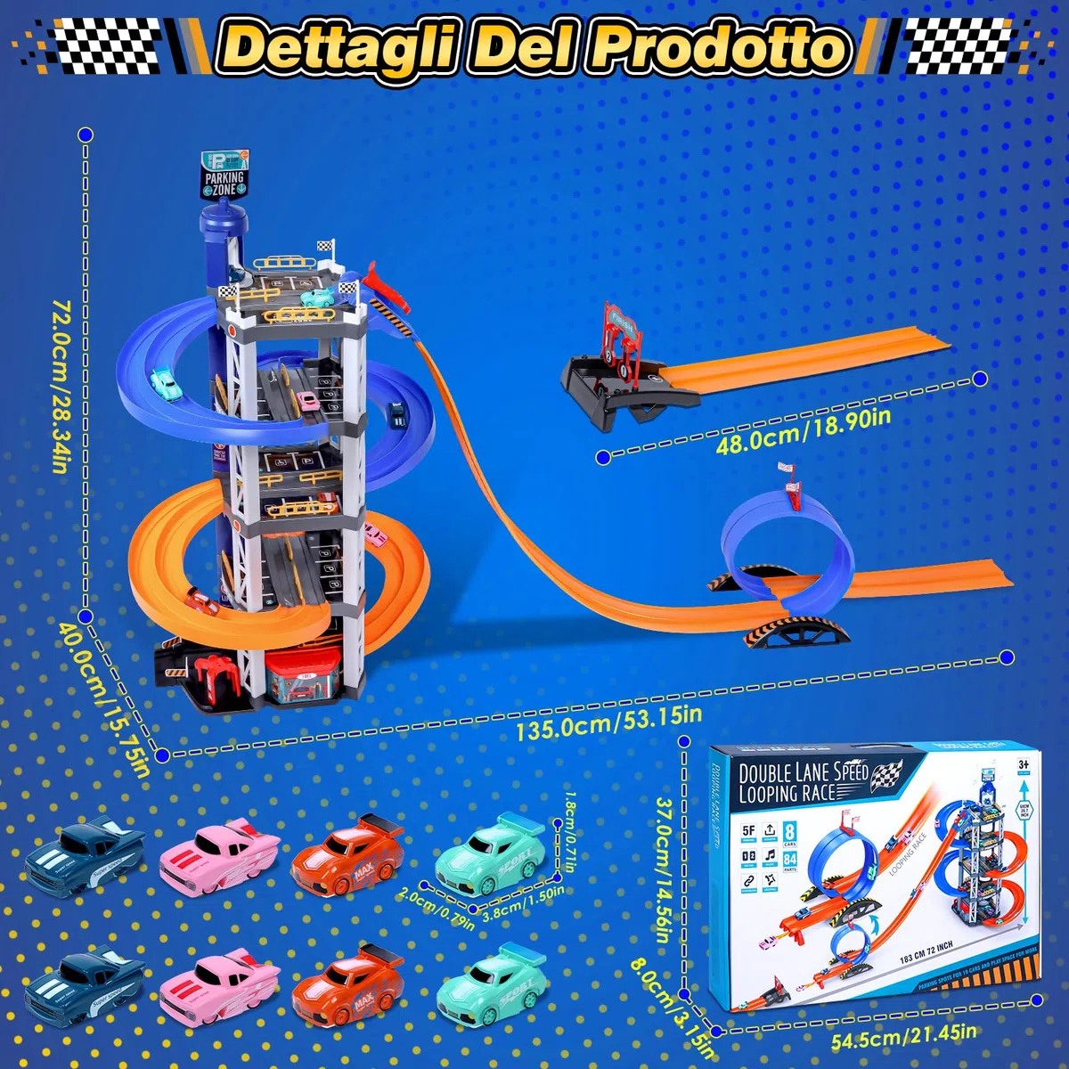 Charmofun 5 Piani Garage Macchine per Bambini, Grande Pista Macchinine Parcheggio Macchinine con 8 Auto, Ascensore, Luci e Suoni, Giocattolo Auto Garage per Bambini 3 4 5 6 7 8 Anni