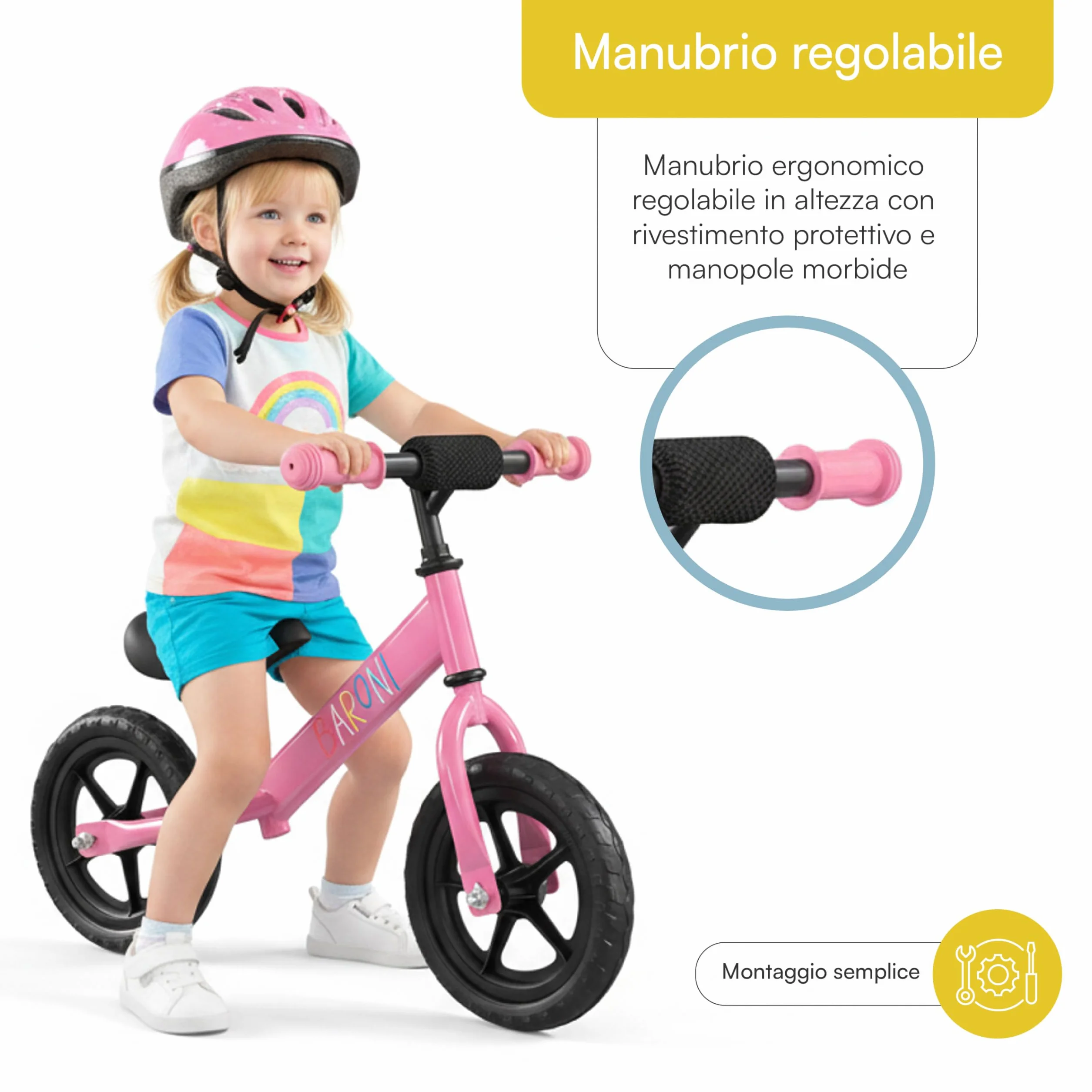 Baroni Toys Bici Senza Pedali per Bambini dai 3 Anni, Balanced Bike con Manubrio e Sellino Regolabili, Ruote Tassellate Antiscivolo, Portata 45kg, Ideale per Equilibrio e Coordinazione