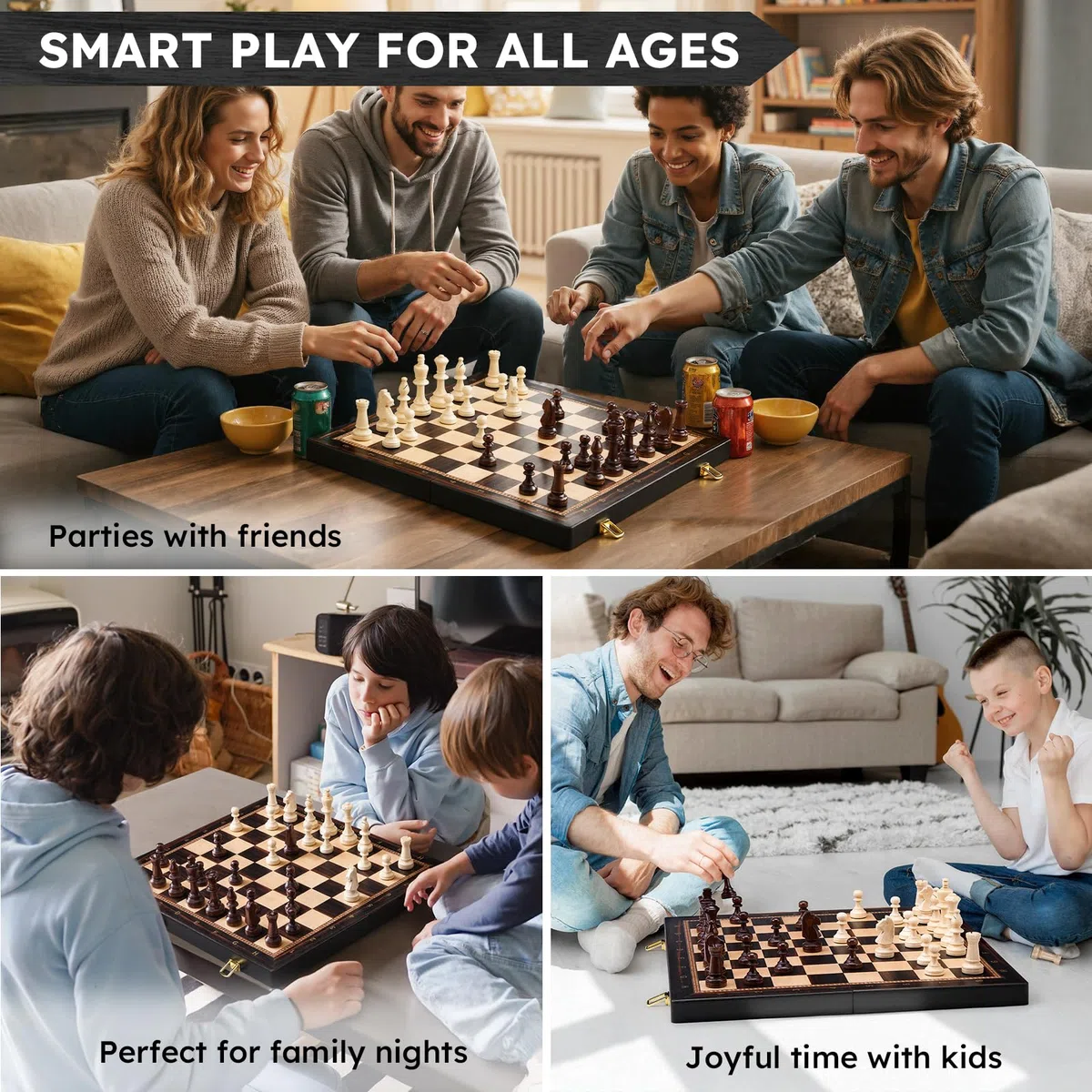 Peradix 48 x 48 CM Grande Gioco di Scacchi in Legno - Scacchiera Pieghevole in Legno di Alta Qualità con 34 Grandi e Pesanti Pezzi di Scacchi - Scacchi per Adulti e Bambini (48×48 cm, Nero)