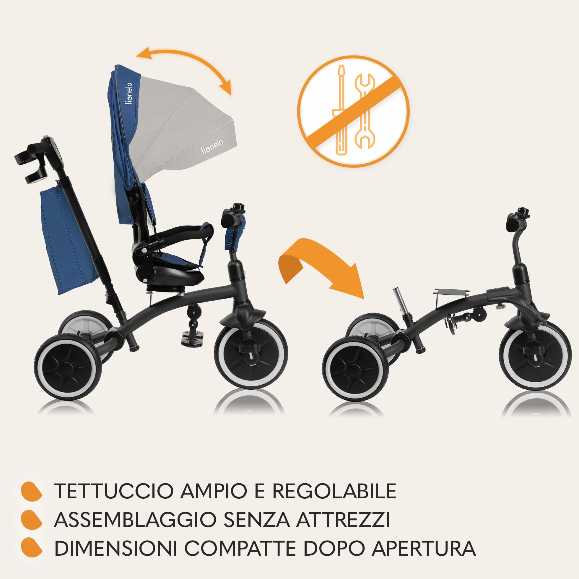 LIONELO Tris Plus 2in1 Bicicletta Triciclo e Passeggino pieghevole per bambini da 9 mesi fina a 25kg Sedia 360gradi Fronte Mamma o Strada Bici regolabile e compatta Borsa Portabibite Ruote PU (Blue)