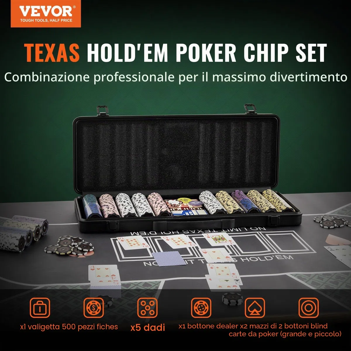 VEVOR Set di Fiches da Poker, Set Poker 500 Pezzi, Set Completo Fiches Carte da Giochi in Argilla con Valigetta in ABS, Fiches da Poker 9-10 Giocatori, Carte, Bottoni Dadi per Texas Hold'em, Blackjack